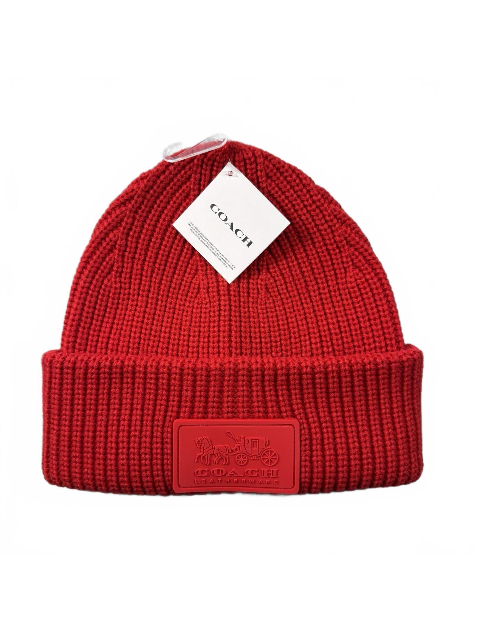 Coach Red Wool Knit Beanie Hat Womens Logo Patch Classic Solid One Size Nwt